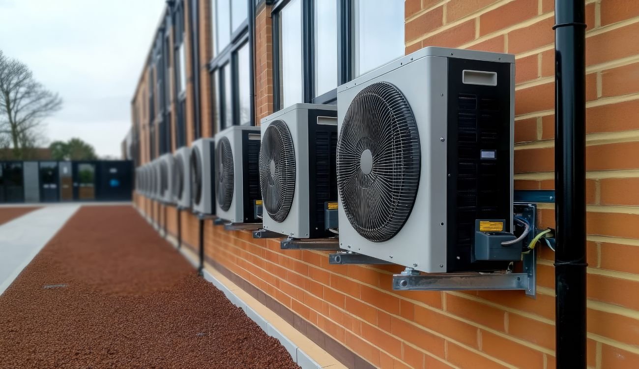 A row of air source heat pumps installed and mounted outside of a building