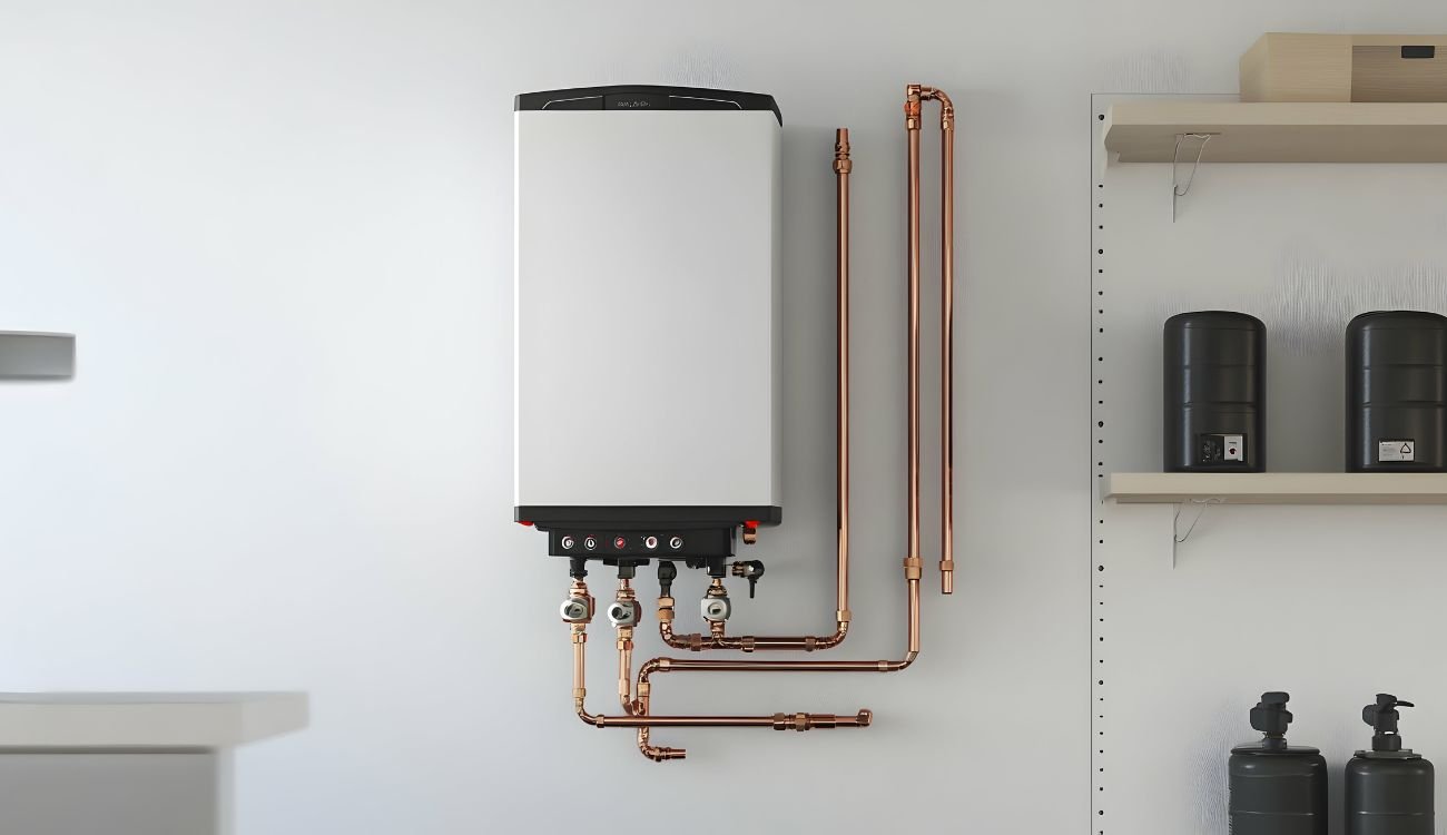 condensing boiler mounted on a wall in a house