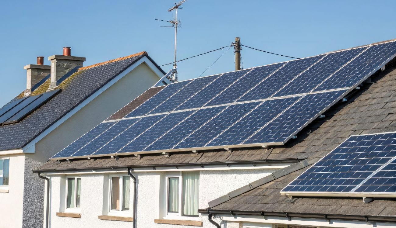 Solar panels installed on a house roof in the United Kingdom