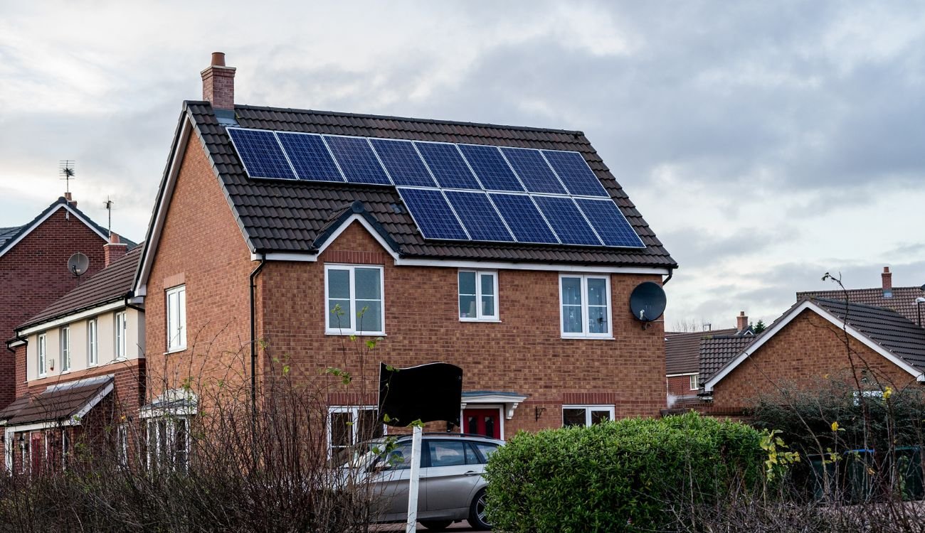 Solar panels mounted on a house roof in the United Kingdom
