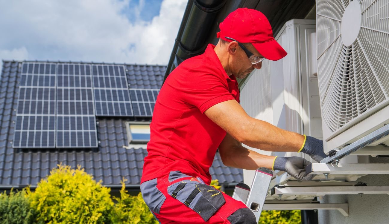 A man installing an air source heat pump