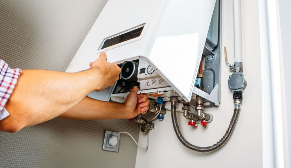 Gas safe engineer working on a boiler