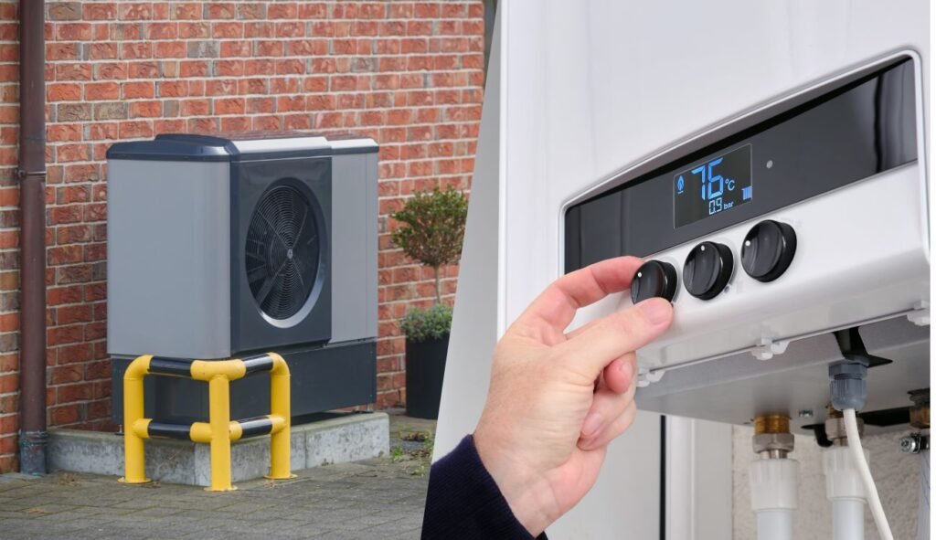 Air source heat pump and gas boiler installed in a home in the UK