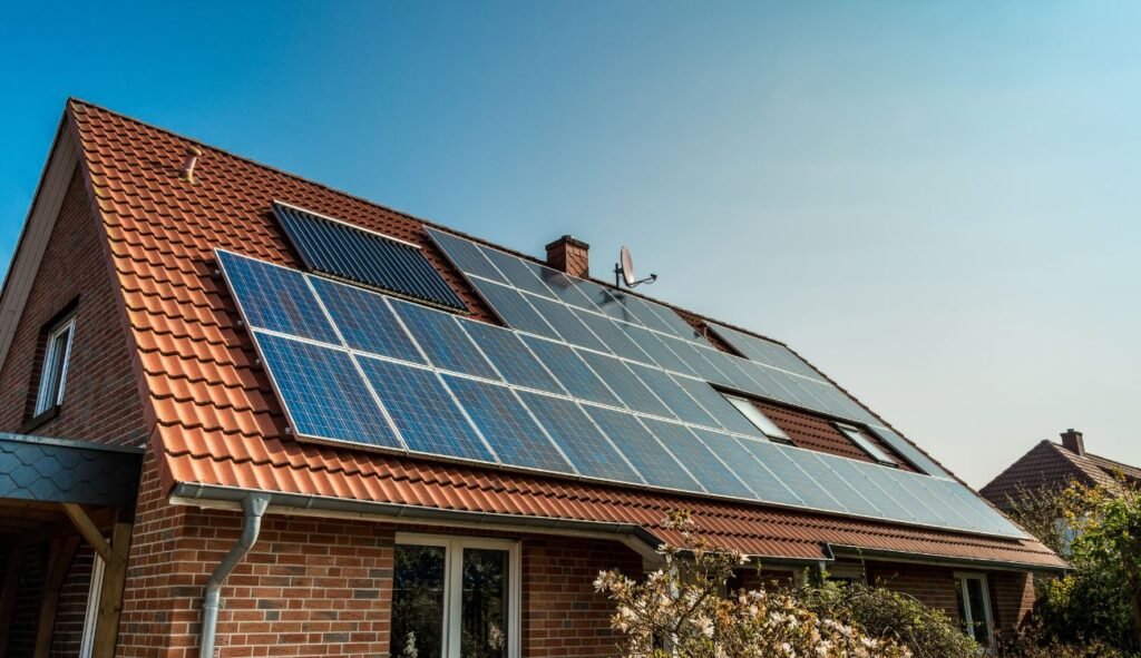 Solar panels installed on the roof of a house in the United Kingdom
