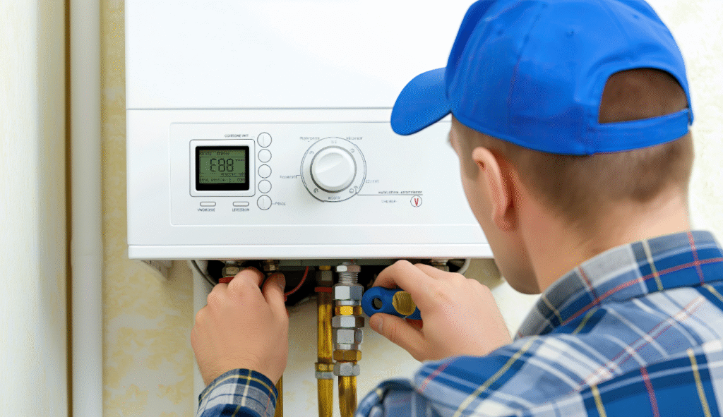 An engineer repairing a boiler