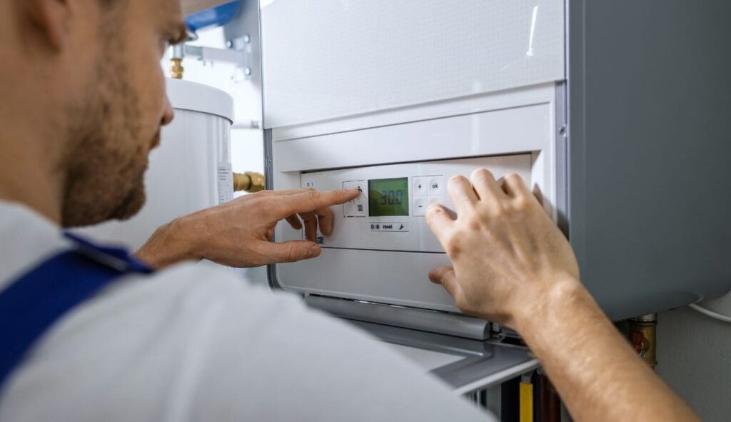 A man resetting a boiler