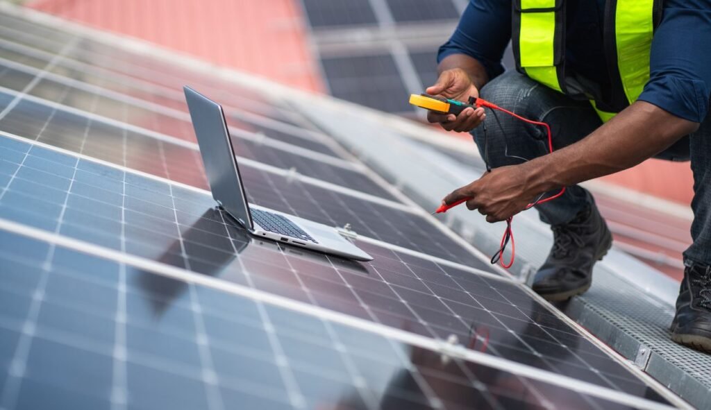 an engineer installing solar panels on a roof