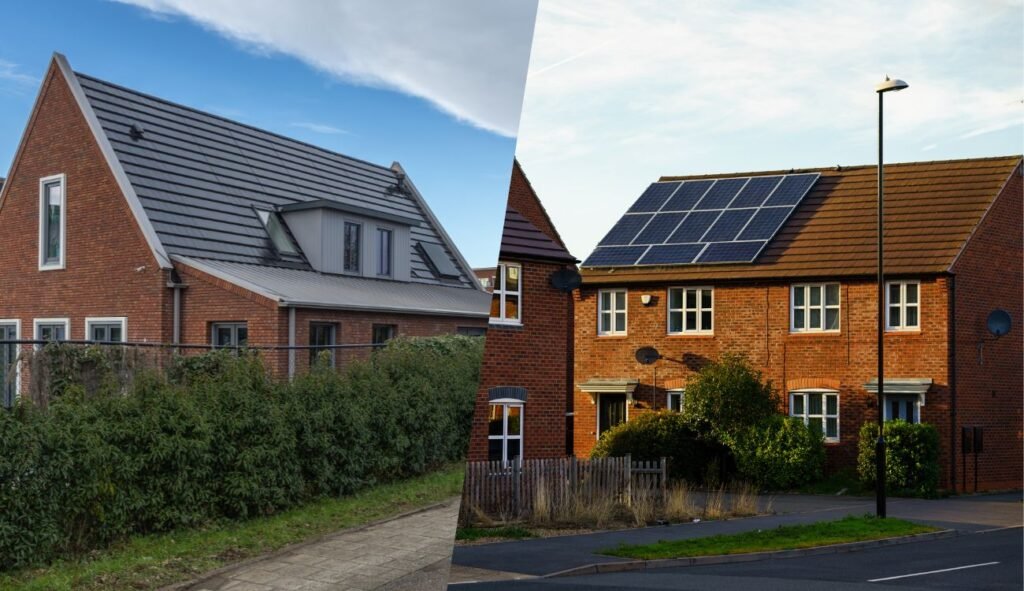 solar tiles and solar panels installed on 2 houses in the UK