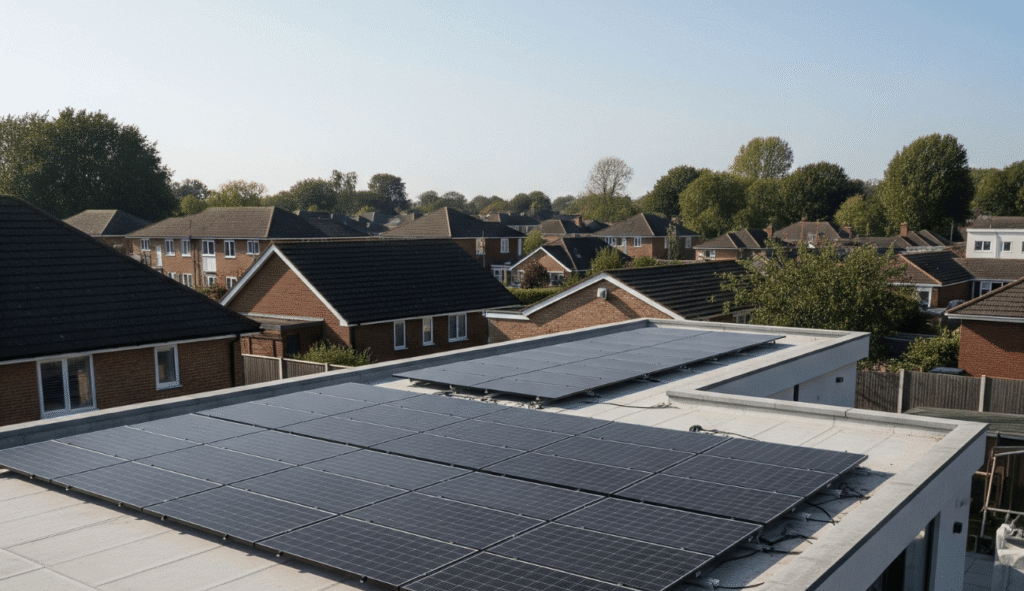Solar panels installed on a concrete roof