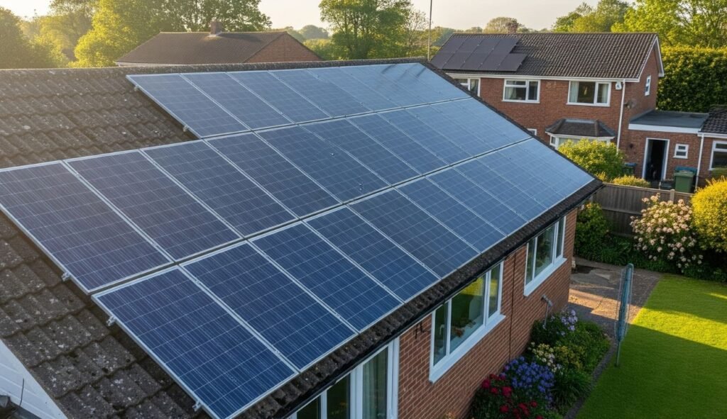 A house in the north east of England with a large array of solar panels installed on the roof