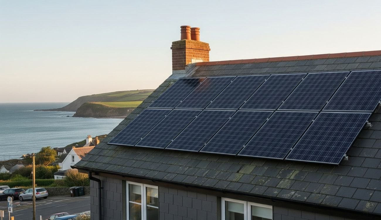 A house near the coast in the UK with solar panels installed on the roof