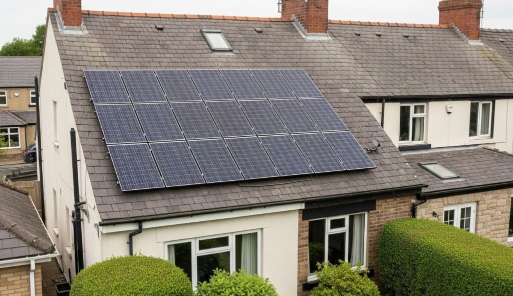 Solar panels installed on the roof of a residential property in the north east of england