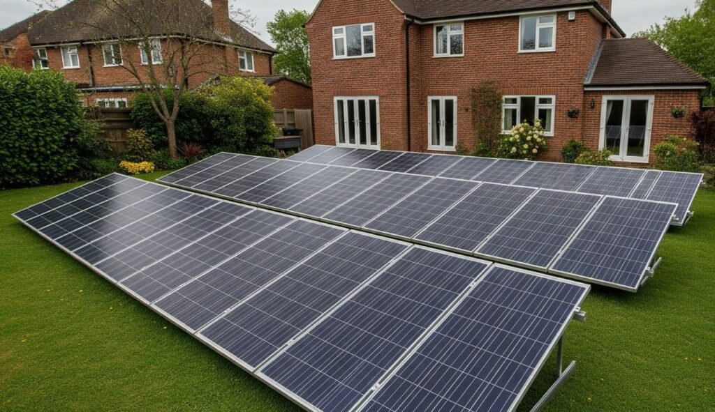 Ground mounted solar panels installed on a residential property in the UK