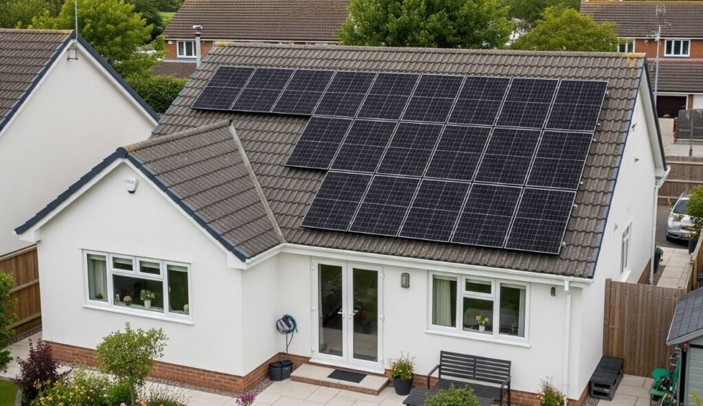 solar panels installed on the roof of a white house in the UK
