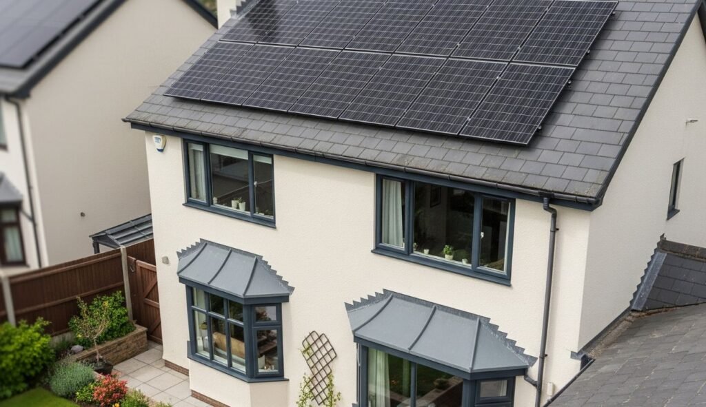 A house in the UK with solar panels installed on the roof