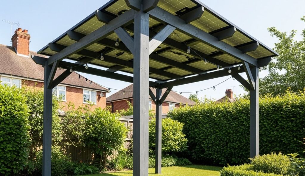 Solar panel pergola installed on a residential property in the UK
