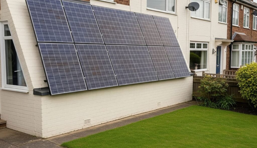 Wall mounted solar panels installed on a white wall
