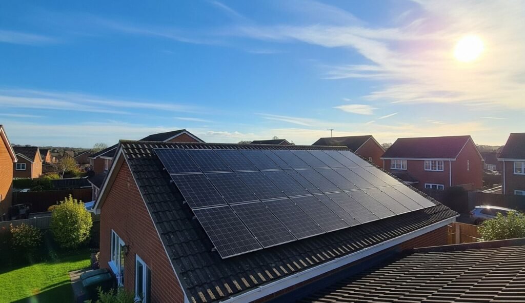 solar panels installed on a residential property in the UK with bright blue skies and the sun shining overhead