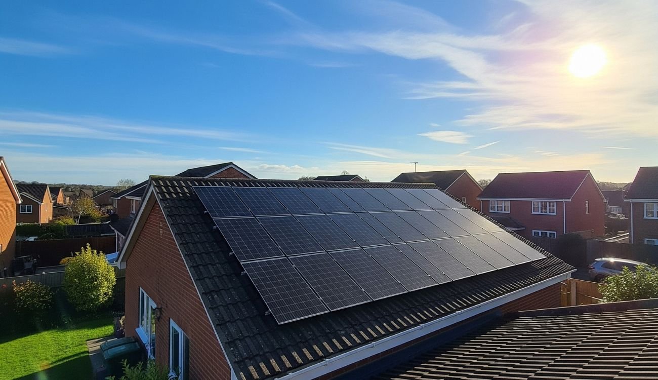 solar panels installed on a residential property in the UK with bright blue skies and the sun shining overhead