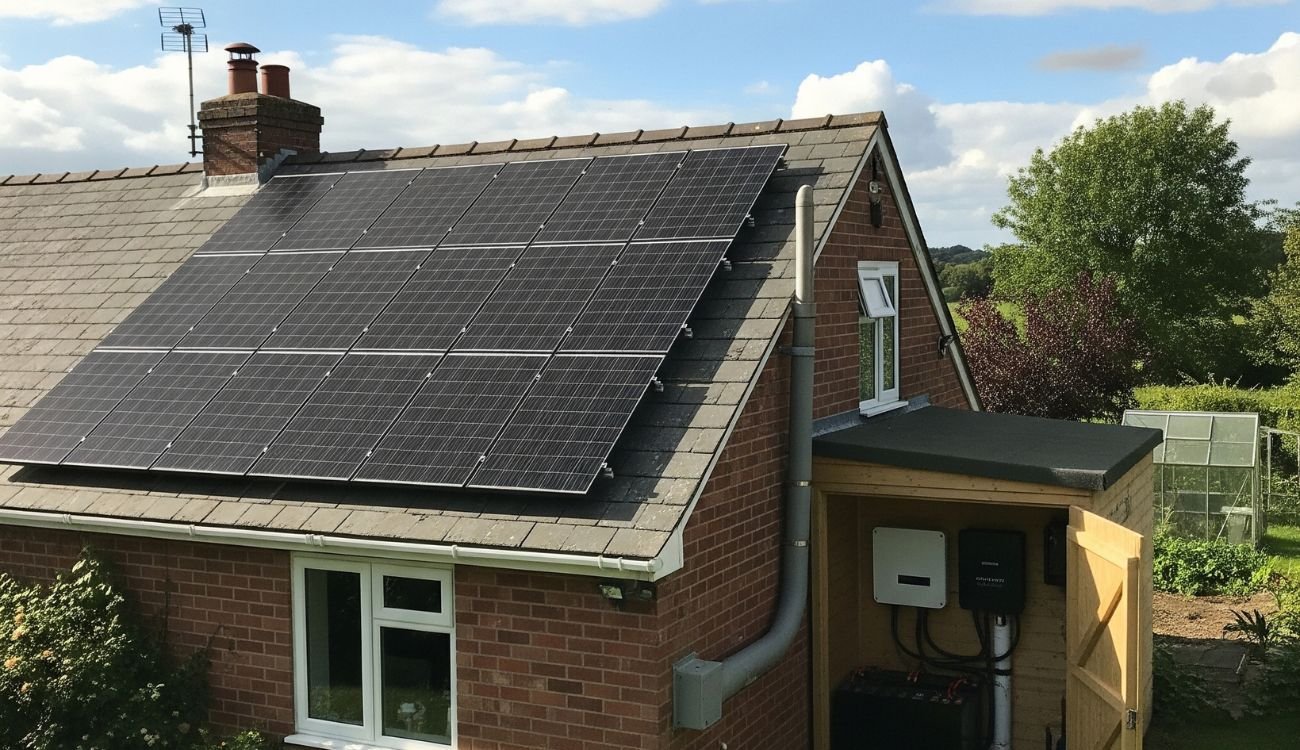 An off-grid solar panel system installed on a residential property in the UK