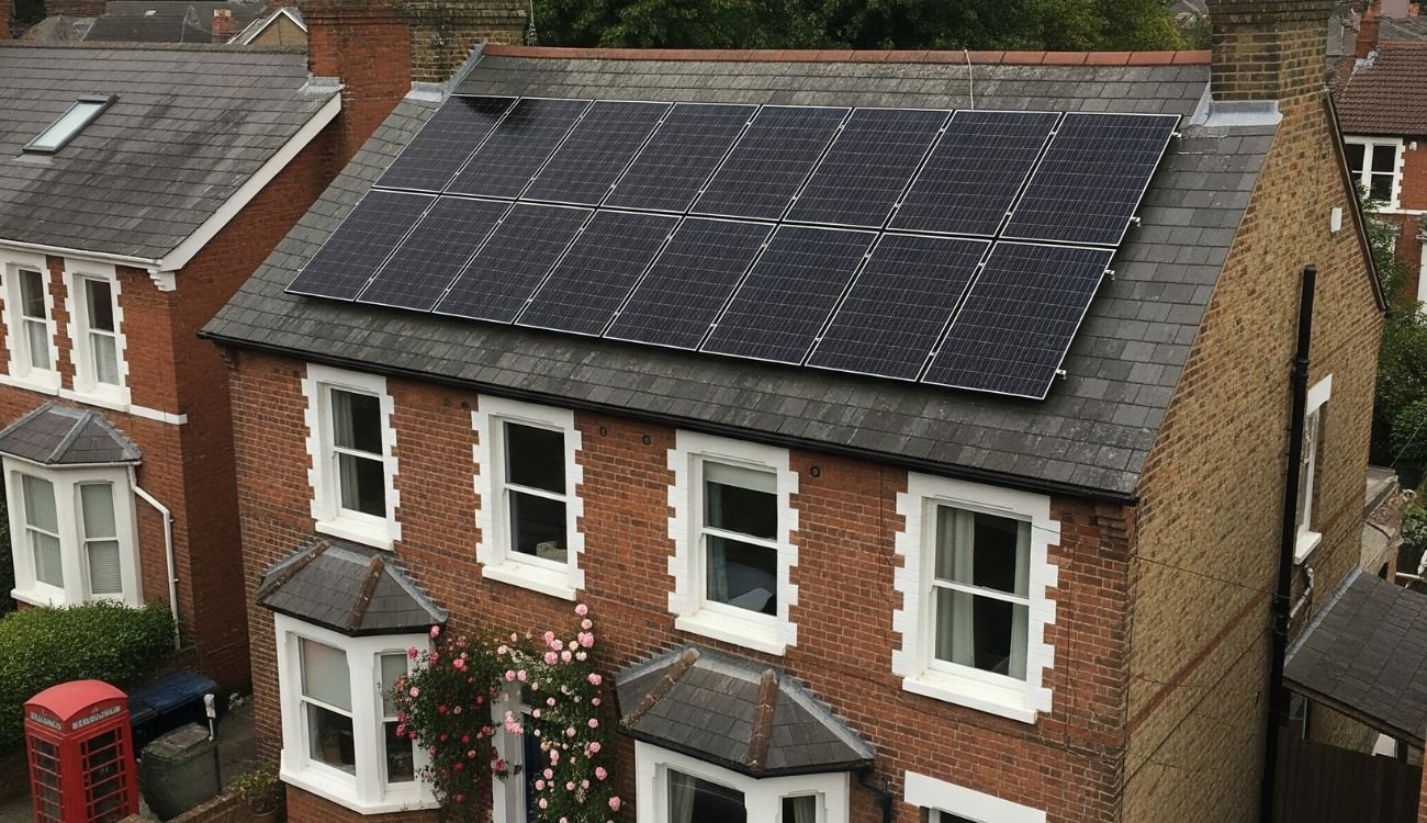 A large solar panel system installed on the roof of a residential property in the North East of England