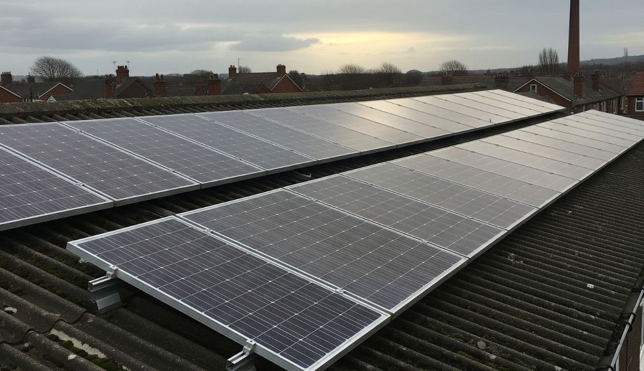 Solar panels installed on a metal roof in the North East of England, showcasing renewable energy solutions and sustainable architecture in the region.