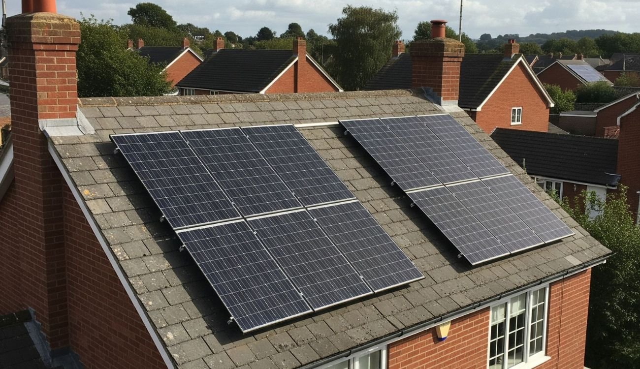 Solar panels installed on a residential roof in the North East of England, showcasing renewable energy solutions for homes in the region.