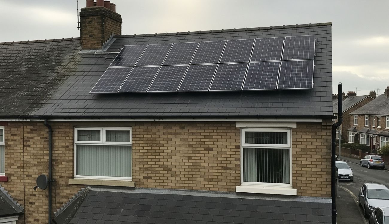 Rooftop solar panel installation on a brick residential home in the North East of England